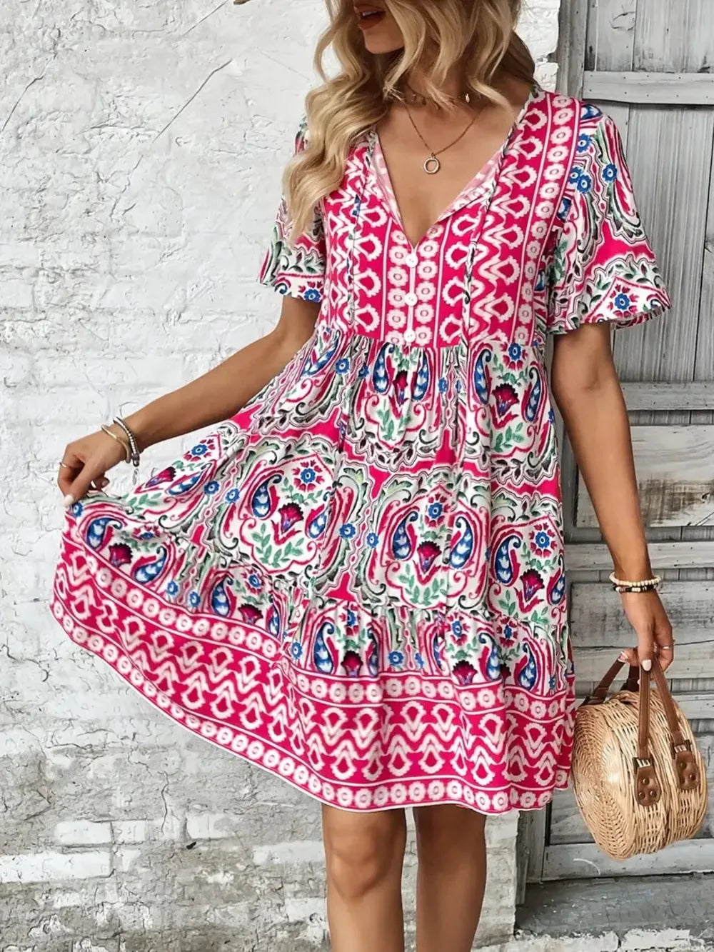 Printed Tie Neck Short Sleeve Dress view 5 - Shopiebay
