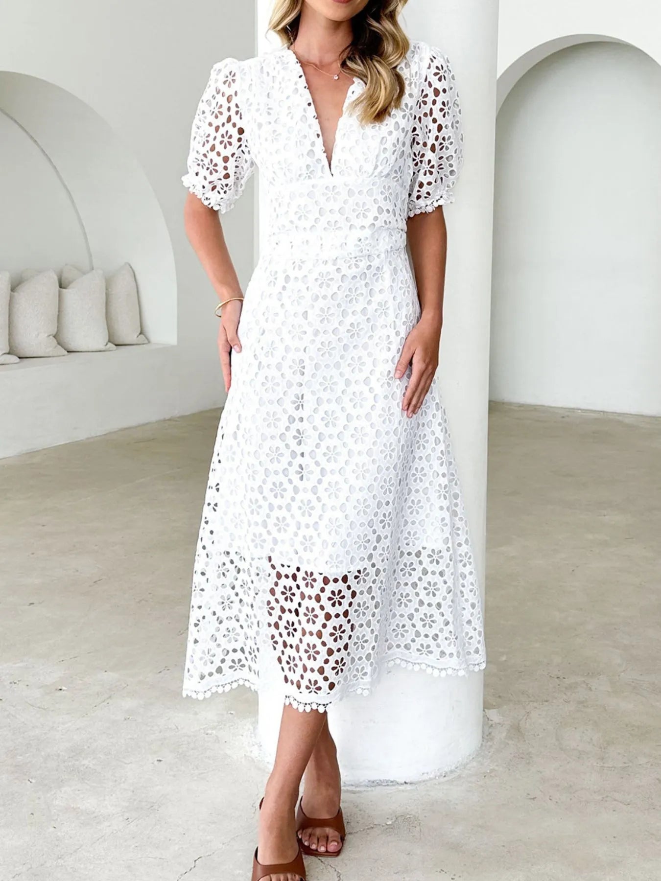 Eyelet Lace V-Neck Midi Dress with Puff Sleeves Main image
