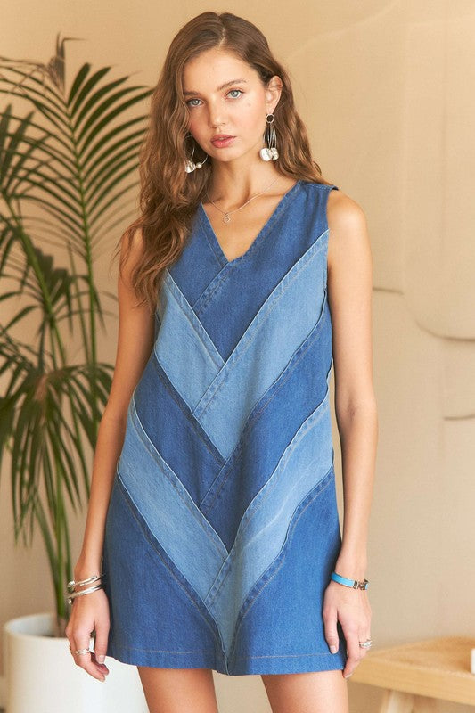 ADORA Chevron Color Block V-Neck Denim Dress