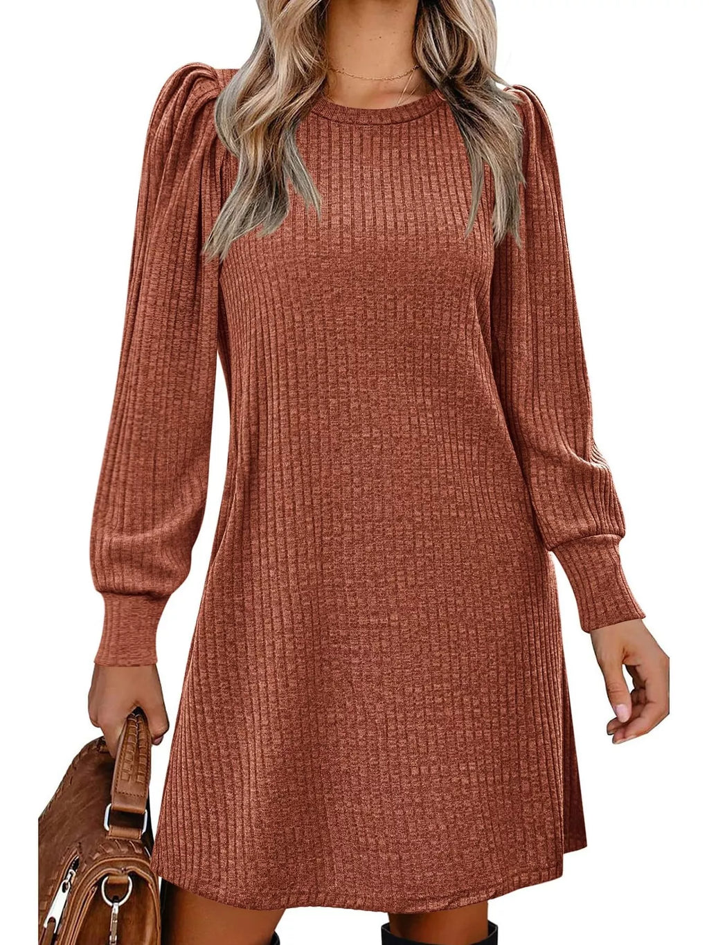 Ribbed Knit Puff Sleeve Casual Mini Dress - product image 29