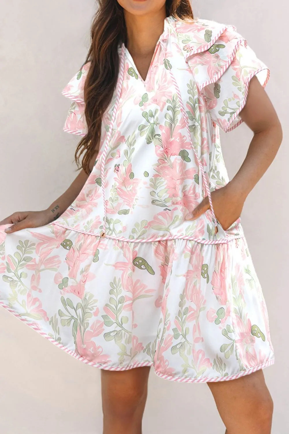 Floral Contrast Edge Layered Short Sleeve Mini Dress Main image