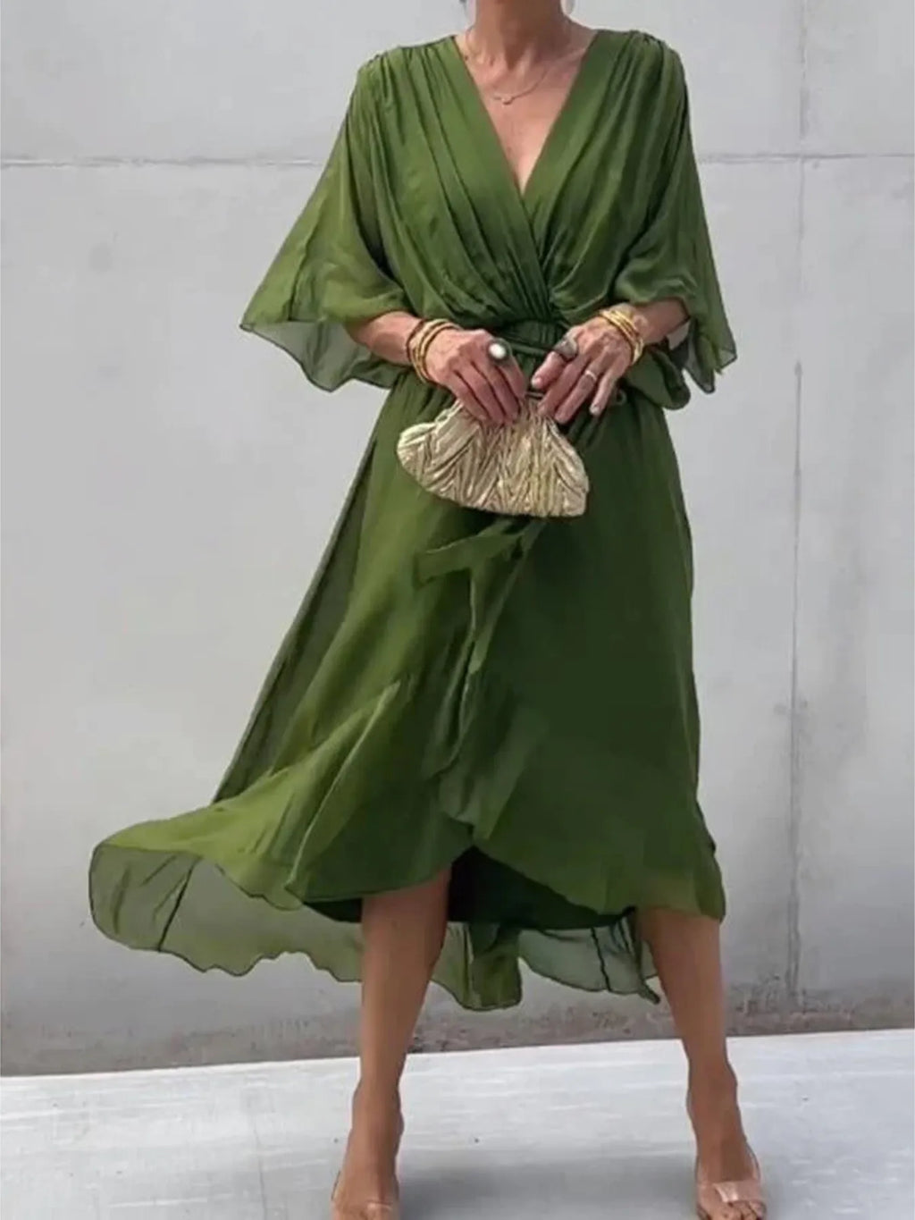 Flowy Tie Front Midi Dress with Flutter Sleeves