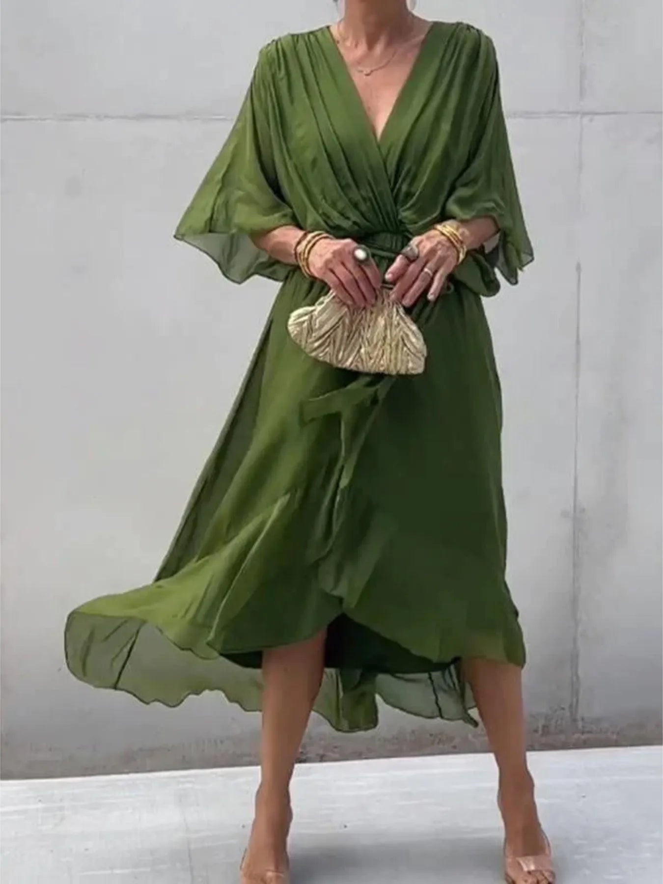 Flowy Tie Front Midi Dress with Flutter Sleeves Main image
