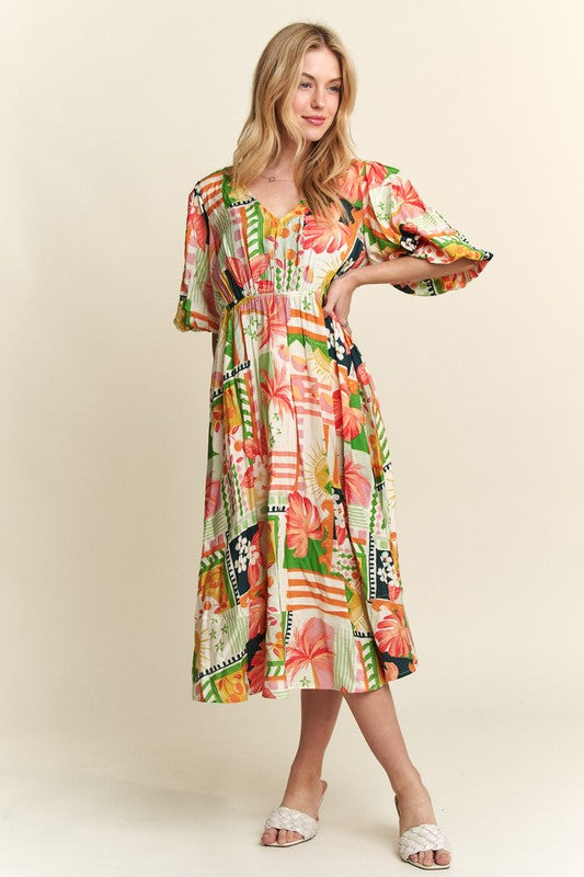 ADORA Floral V-Neck Puff Sleeve Midi Dress