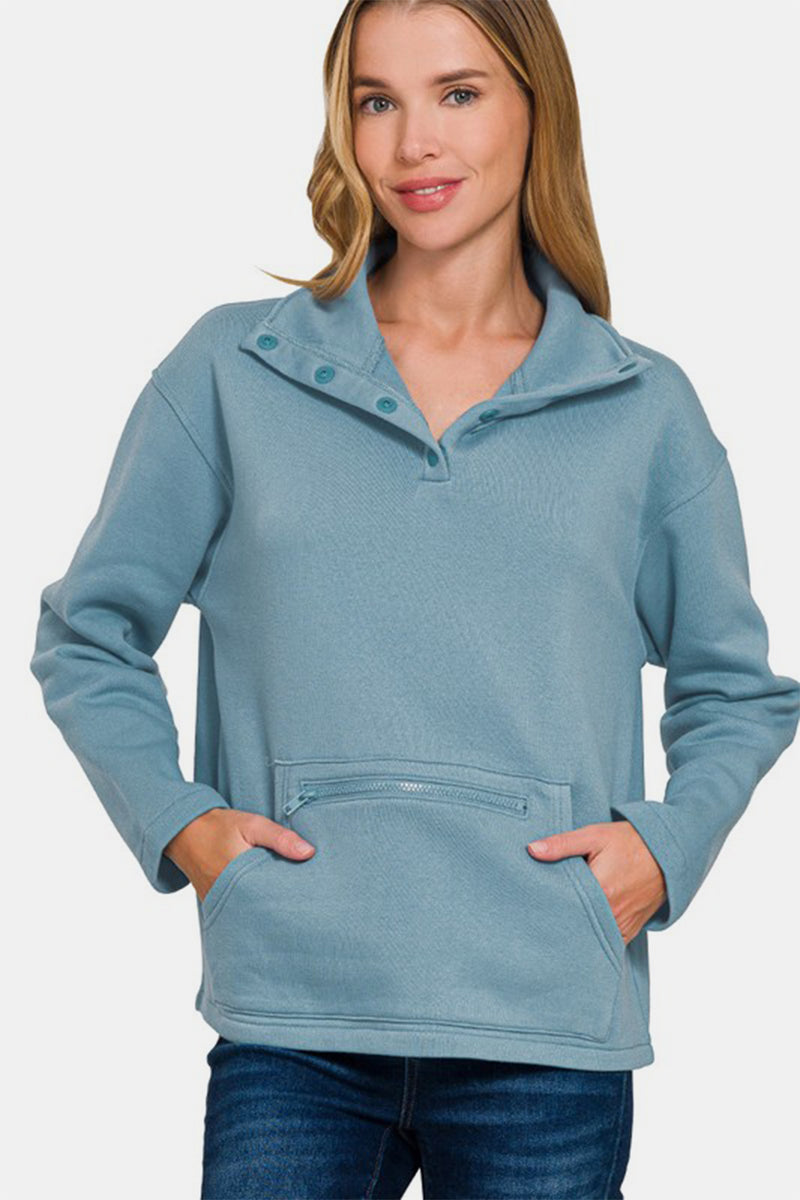 Zenana Turtleneck Half Snap Fleece Sweatshirt