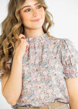 Clara Floral Ruffle Mockneck Short Sleeve Top