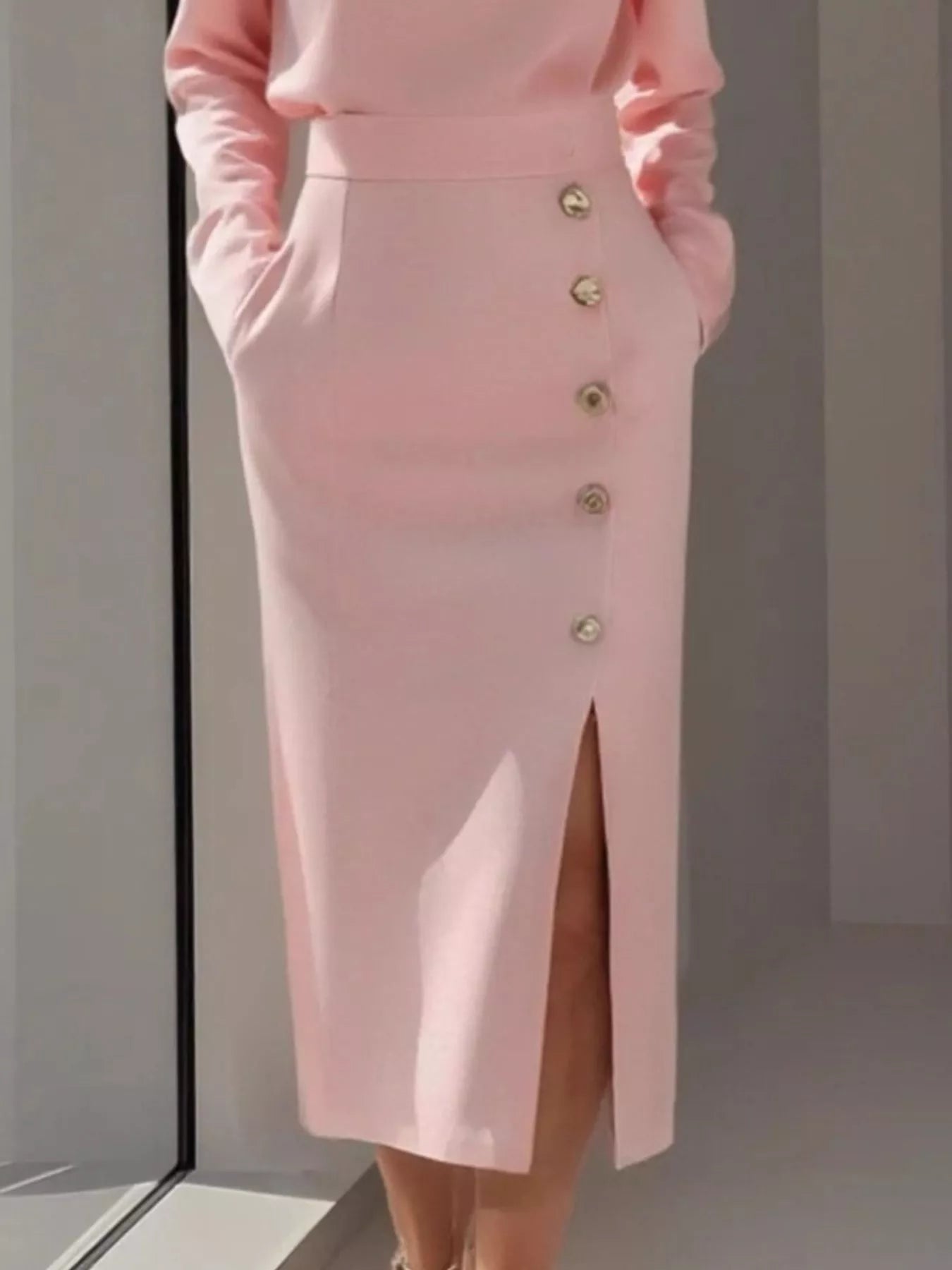 Long Sleeve Button Detail Midi Dress with Side Slit view 2 - Shopiebay