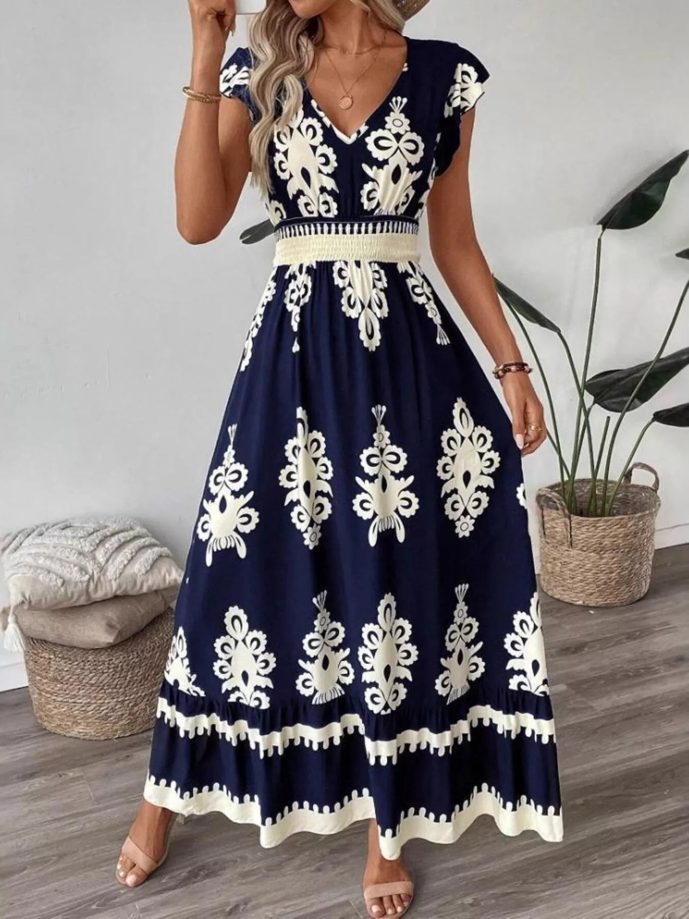 Printed V-Neck Ruffled Cap Sleeve Dress - product image 15