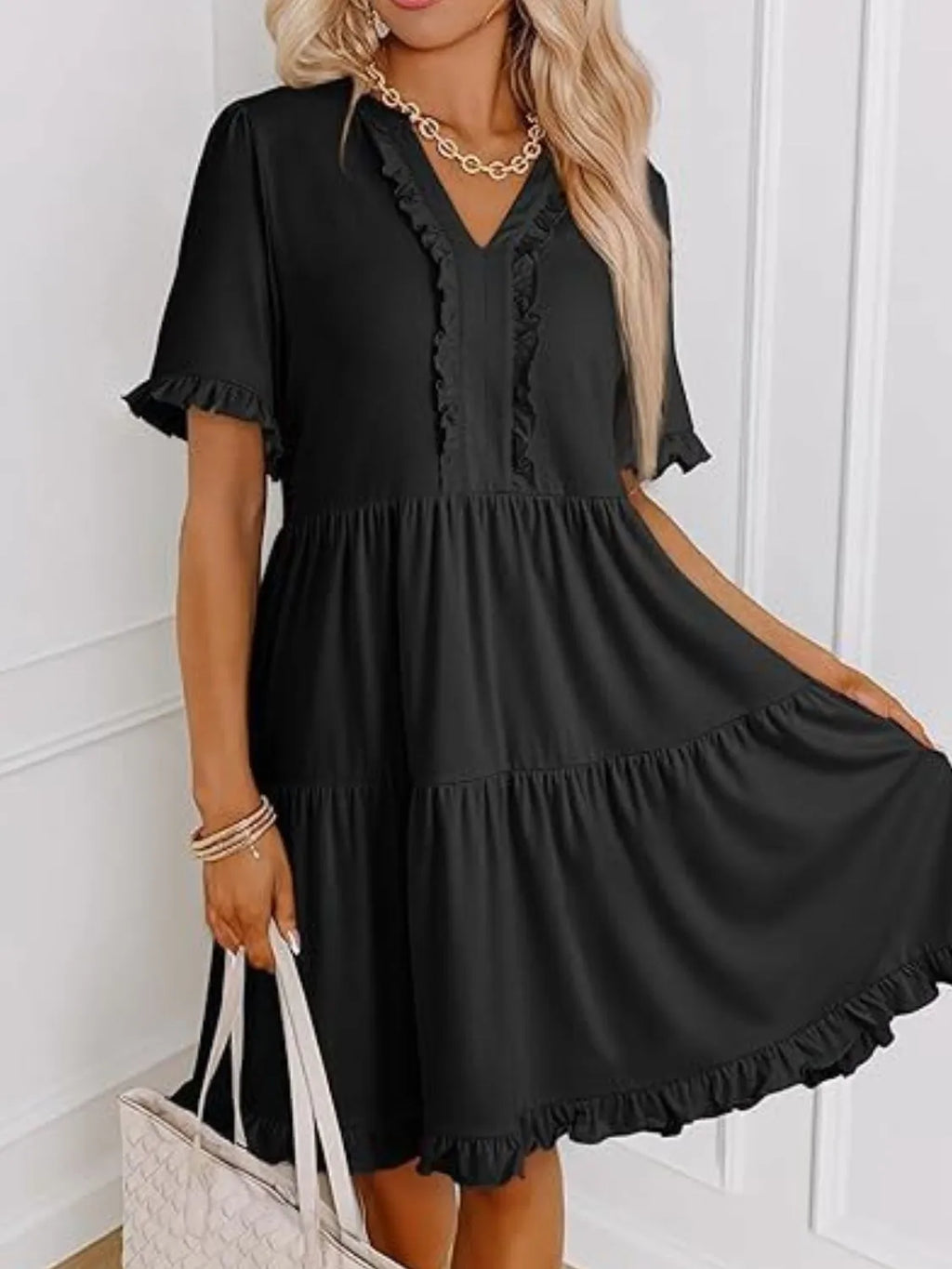 Tiered Notched Short Sleeve Mini Dress - product image 5