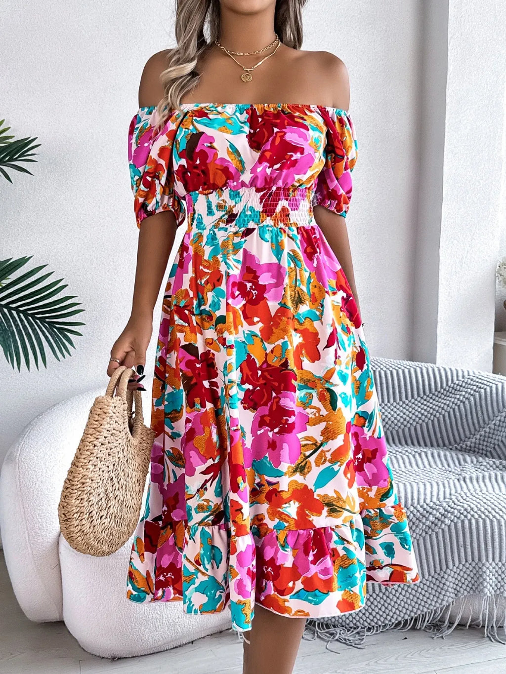 Ruffled Hem Smocked Floral Short Sleeve Midi Dress - product image 2