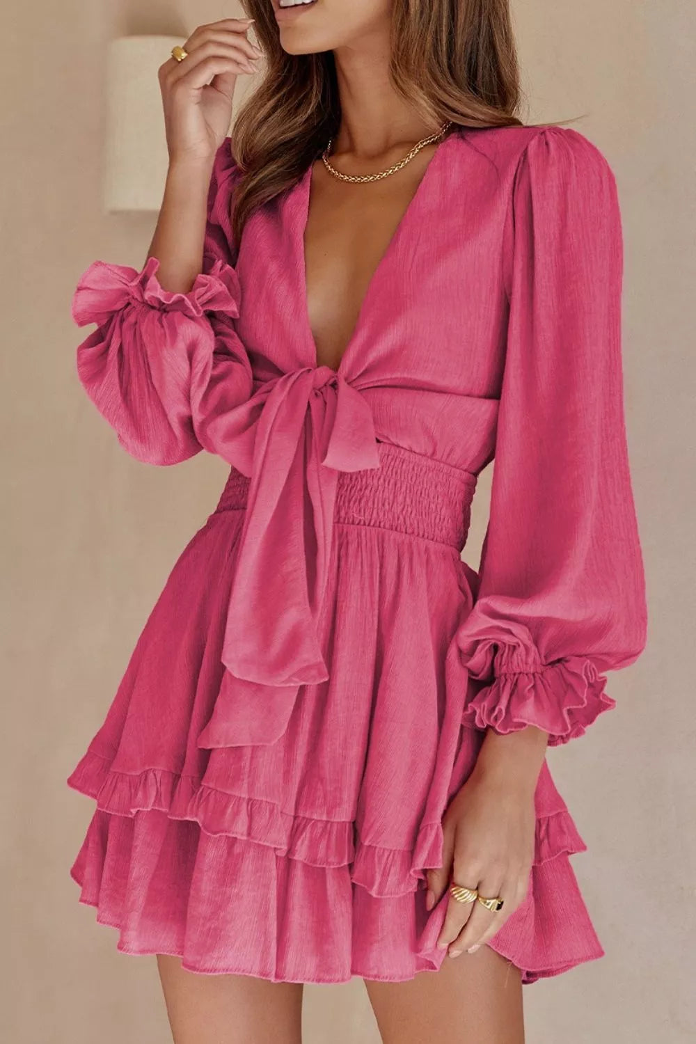 Elegant Tie-Front Ruffle Mini Dress with Smocked Wiast - product image 3