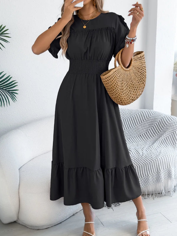 Smocked Frill Round Neck Midi Dress - product image 2