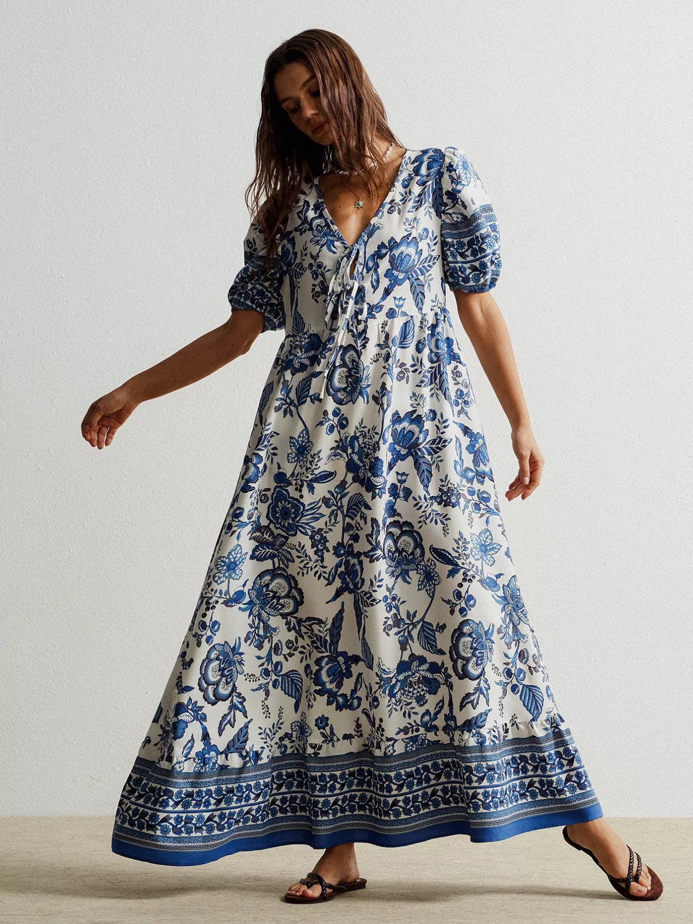 Floral Print Tie-Neck Puff Sleeve Maxi Dress - product image 4