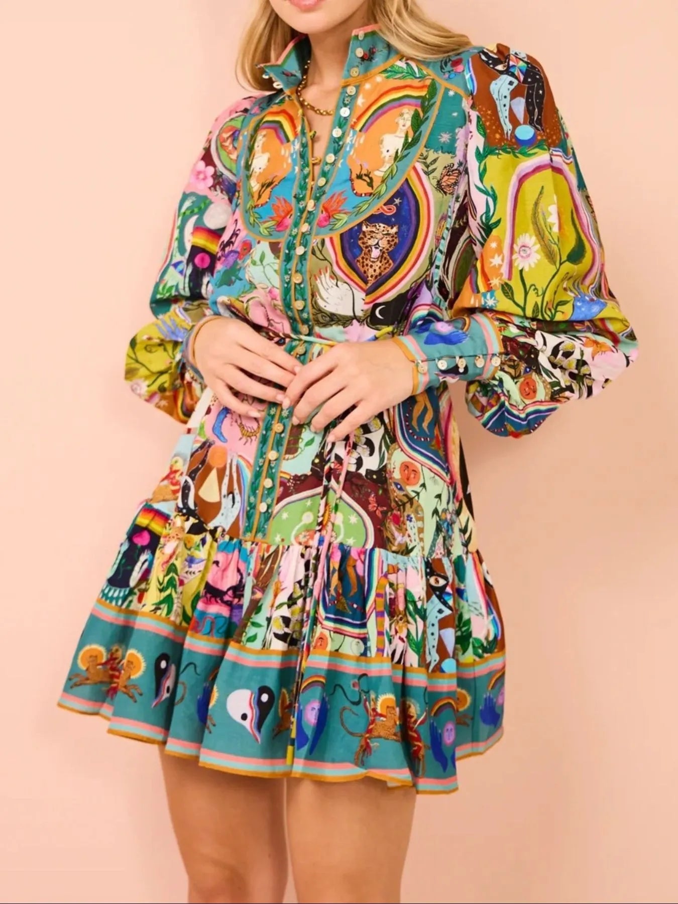 Printed Long Sleeve Mini Dress with Belt Secondary image