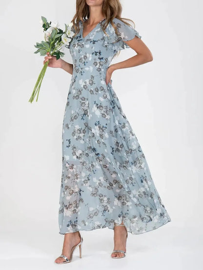Floral V-Neck Flutter Sleeve Maxi Dress - Shopiebay women's boutique