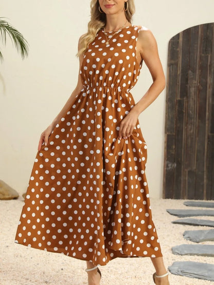 Polka Dot Round Neck Sleeveless Midi Dress view 8 - Shopiebay