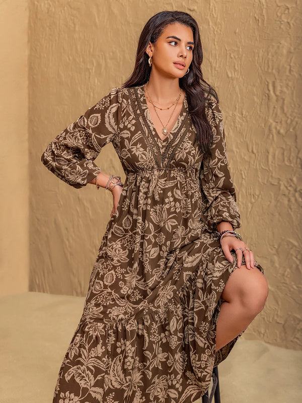 Ruched Printed V-Neck Long Sleeve Midi Dress - product image 5