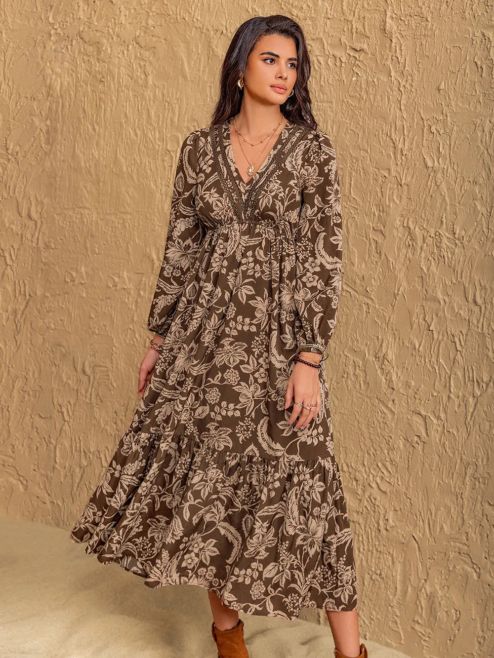 Ruched Printed V-Neck Long Sleeve Midi Dress Main image