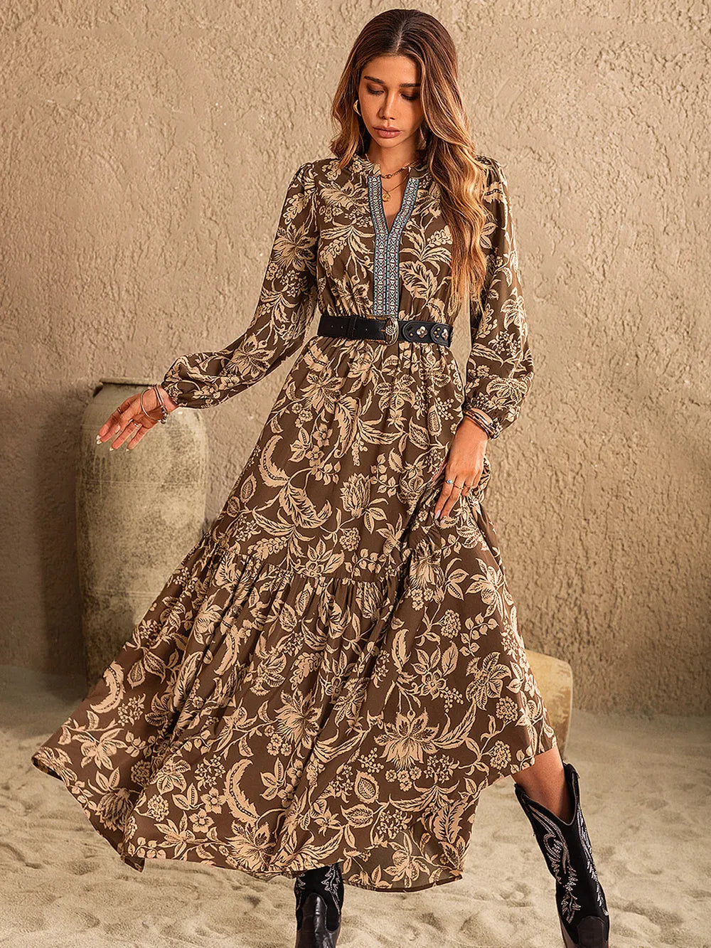 Ruched Printed Notched Long Sleeve Maxi Dress Main image