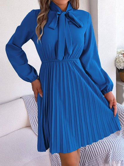 Tie Neck Balloon Sleeve Pleated Dress