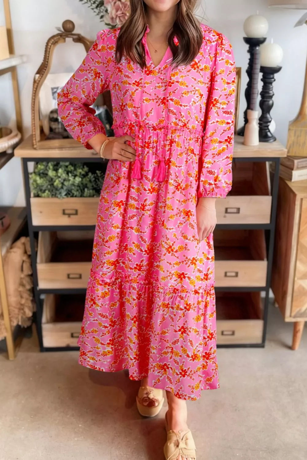 Floral Print Tie Neck Midi Dress Main image