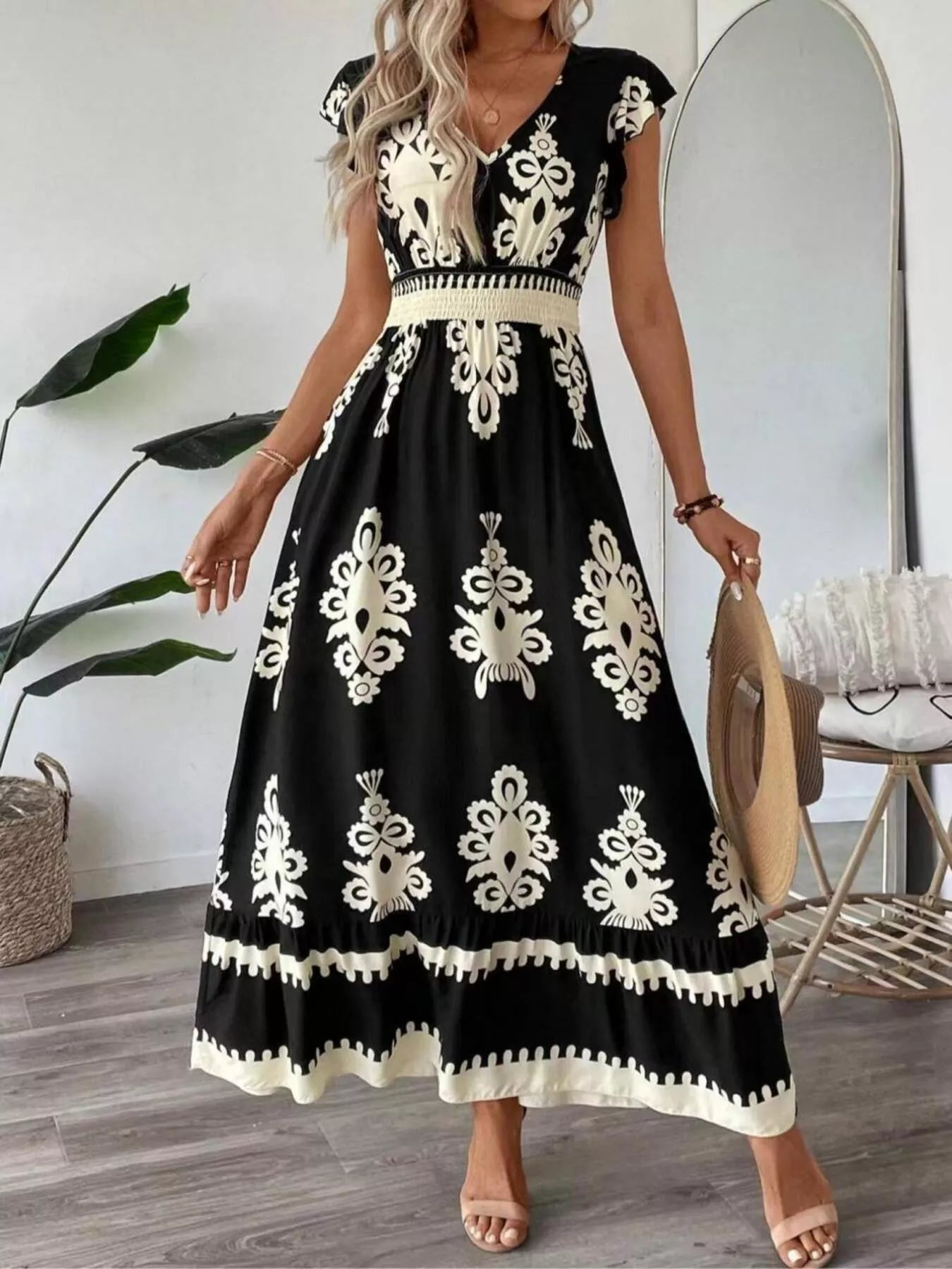 Printed V-Neck Ruffled Cap Sleeve Dress - product image 10