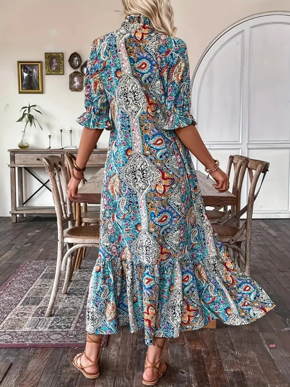 Printed Tie Neck Flounce Sleeve Midi Dress - product image 7