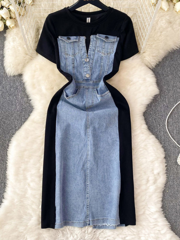 Full Size Denim Patchwork Short Sleeve Slit Back Dress Plus Size - product image 4