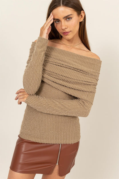 HYFVE Fuzzy Off Shoulder Textured Knit Top