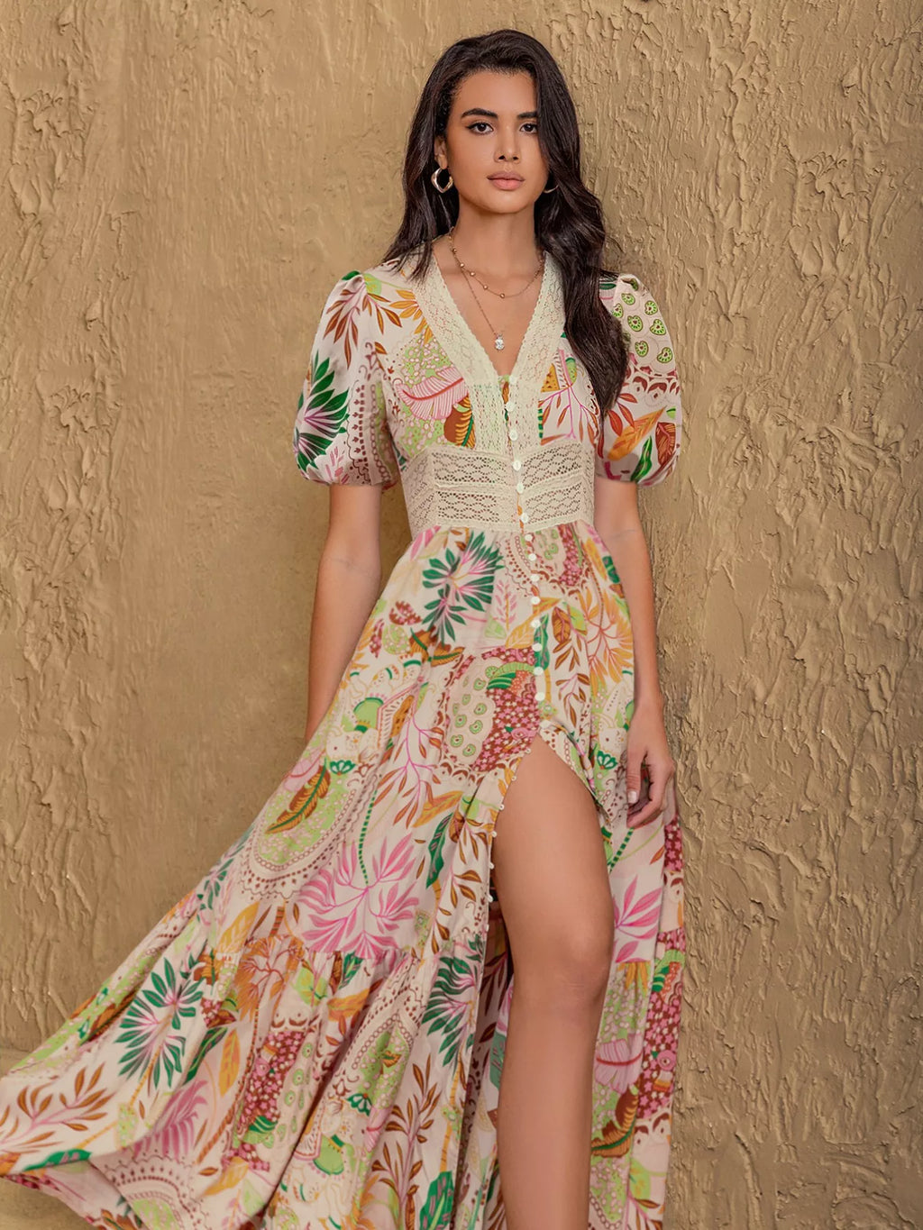 Lace Trim Floral Print Puff Sleeve Dress - product image 5
