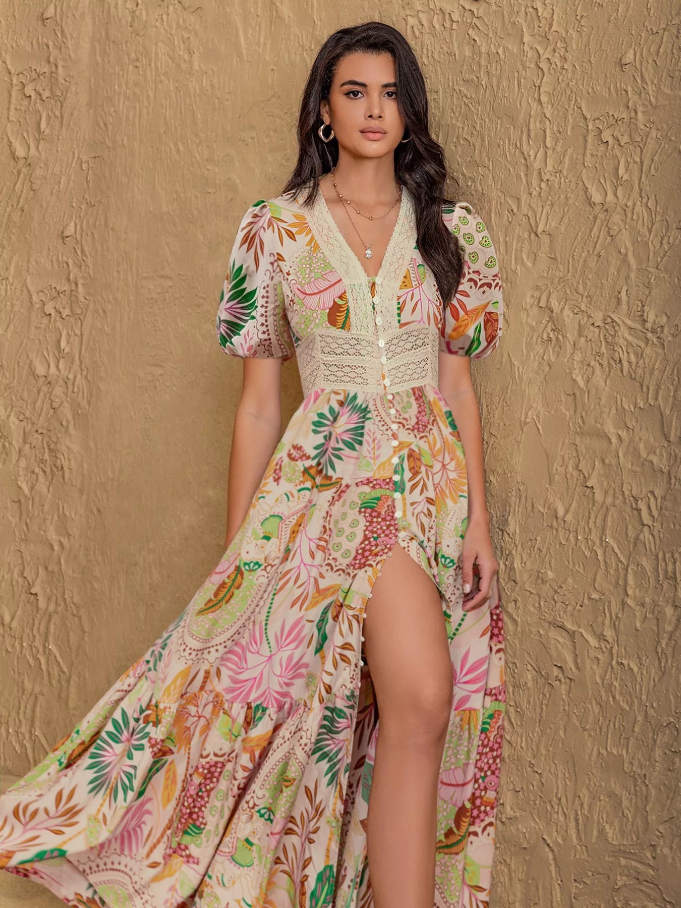 Lace Trim Floral Print Puff Sleeve Dress view 5 - Shopiebay