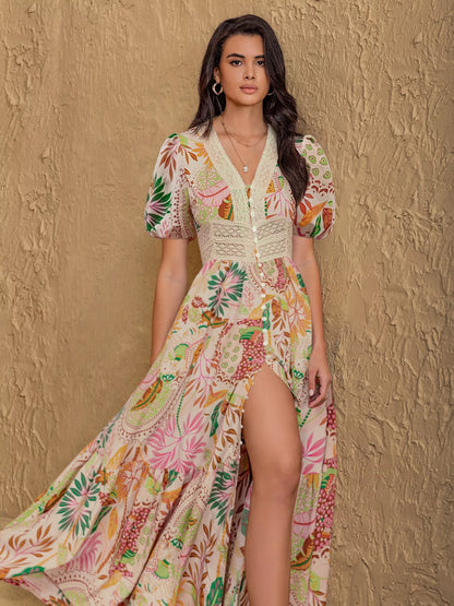 Lace Trim Floral Print Puff Sleeve Dress view 5 - Shopiebay