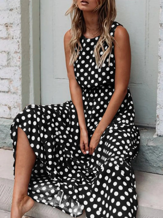Polka Dot Round Neck Sleeveless Midi Dress view 2 - Shopiebay