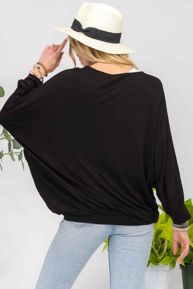 Celeste Full Size Contrast Round Neck Top with Two Layer Detail