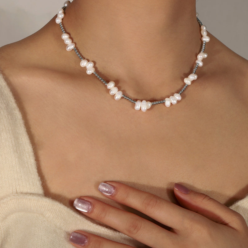 Freshwater Pearl Titanium Steel Bead Necklace