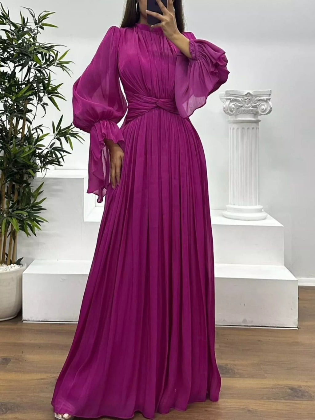 Pleated Mock Neck Long Sleeve Maxi Dress - product image 17