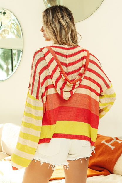 BiBi Striped Color Block Hooded Knit Top