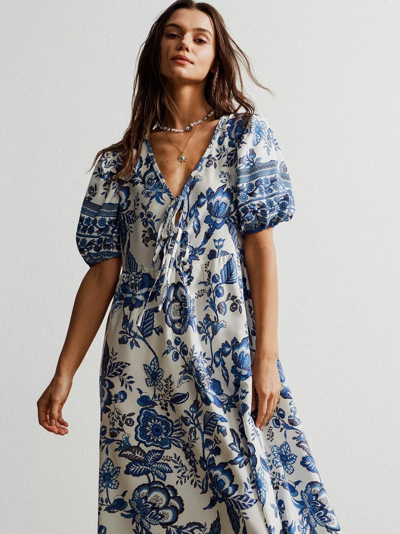 Floral Print Tie-Neck Puff Sleeve Maxi Dress Secondary image