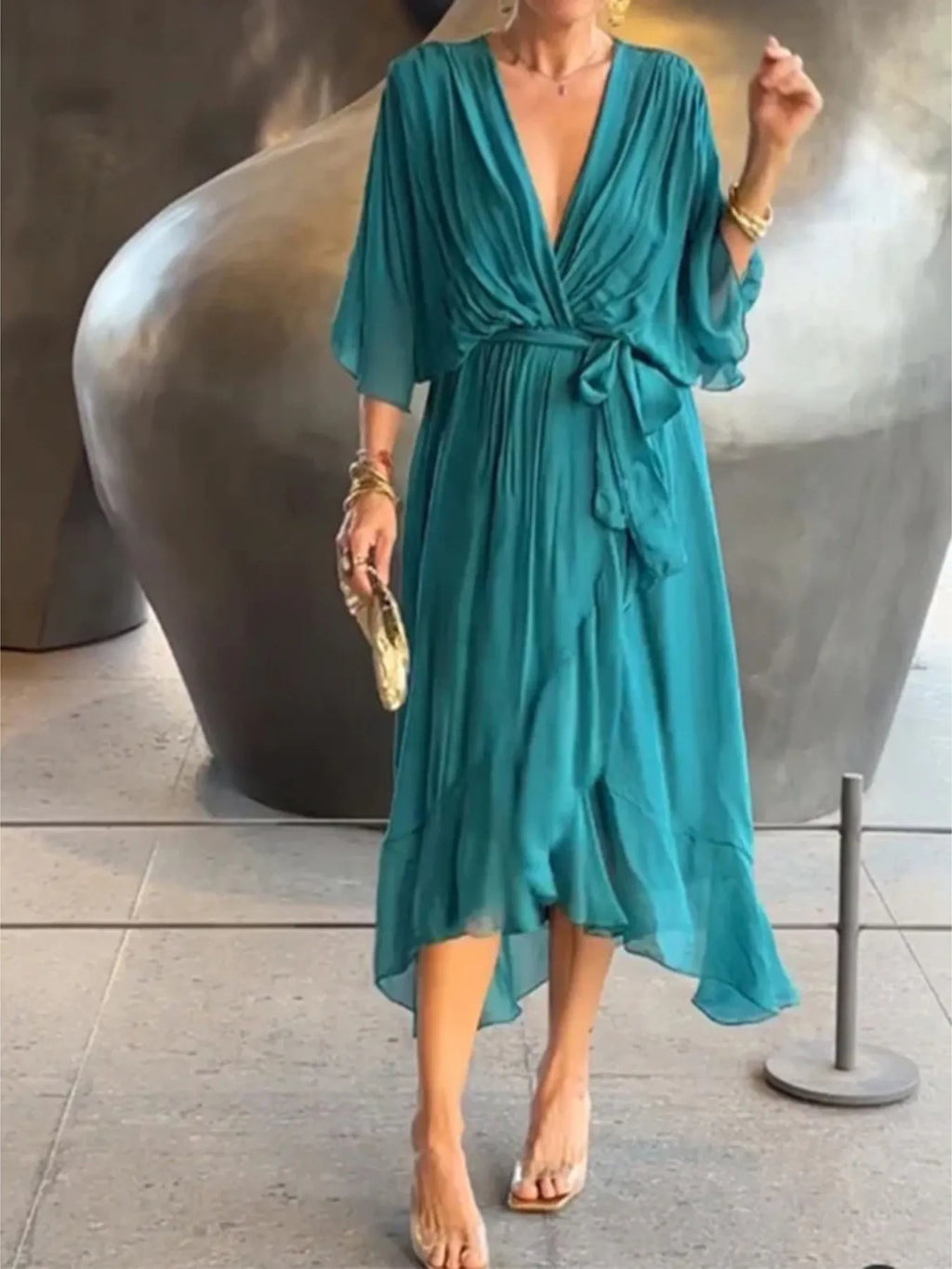 Flowy Tie Front Midi Dress with Flutter Sleeves - product image 11