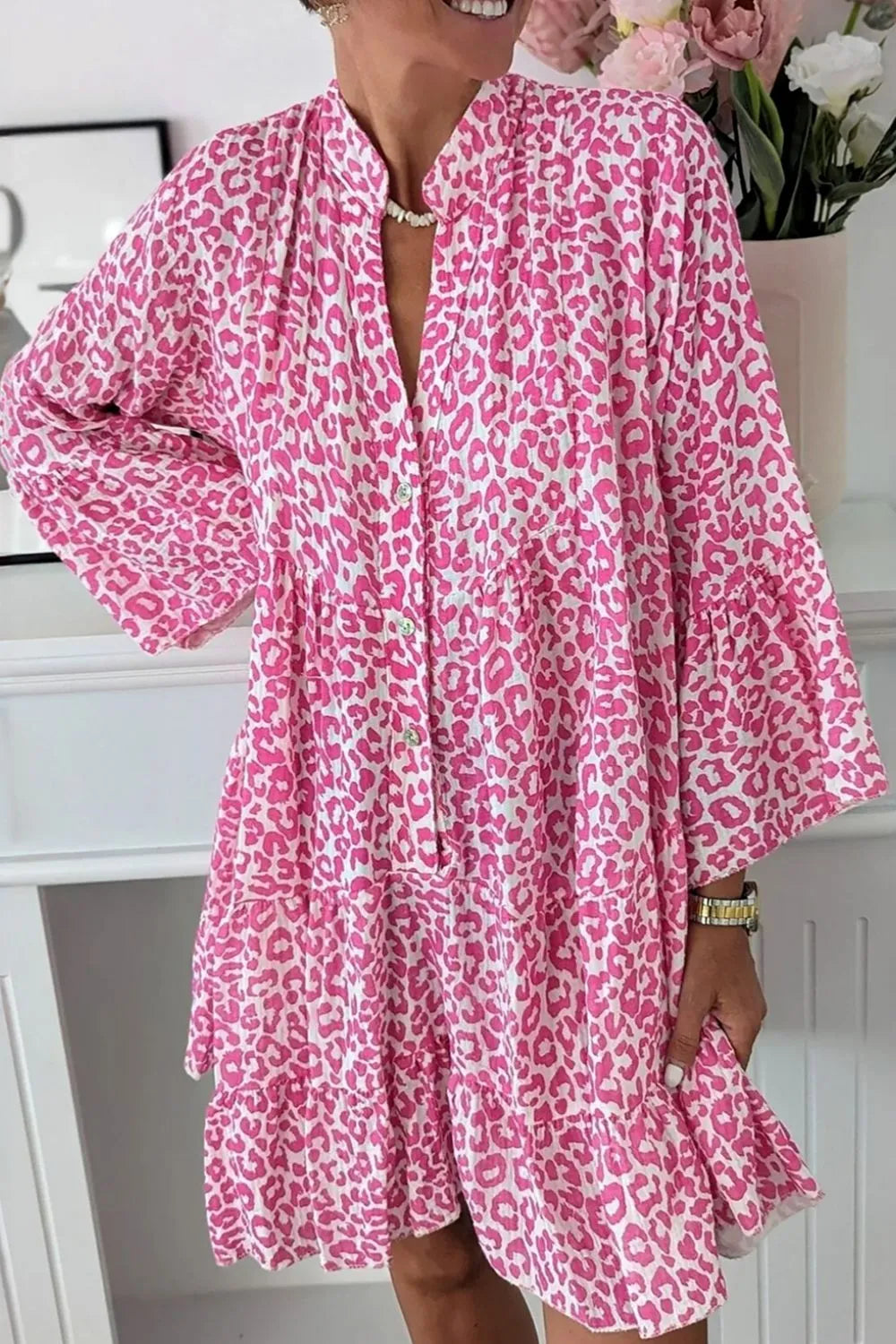 Leopard Notched Long Sleeve Shirt Dress Main image