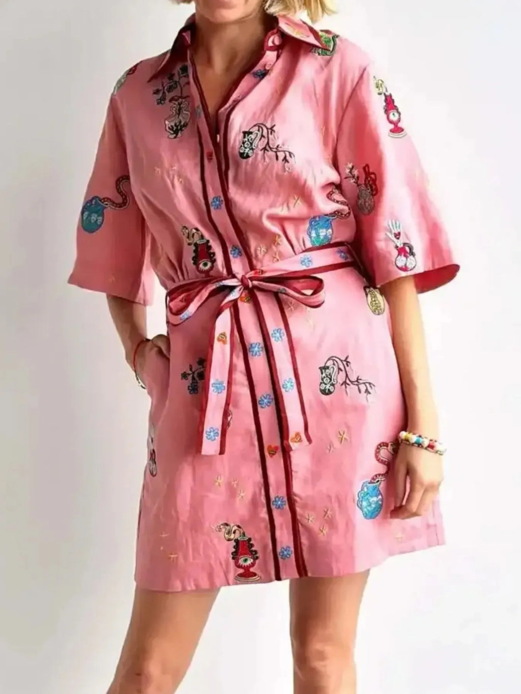 Embroidered Tie Waist Shirt Dress - product image 5