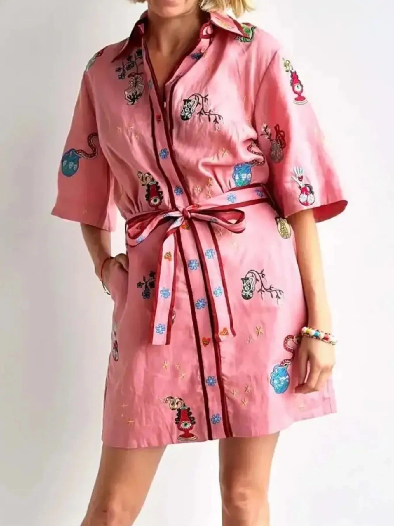 Embroidered Tie Waist Shirt Dress - product image 5