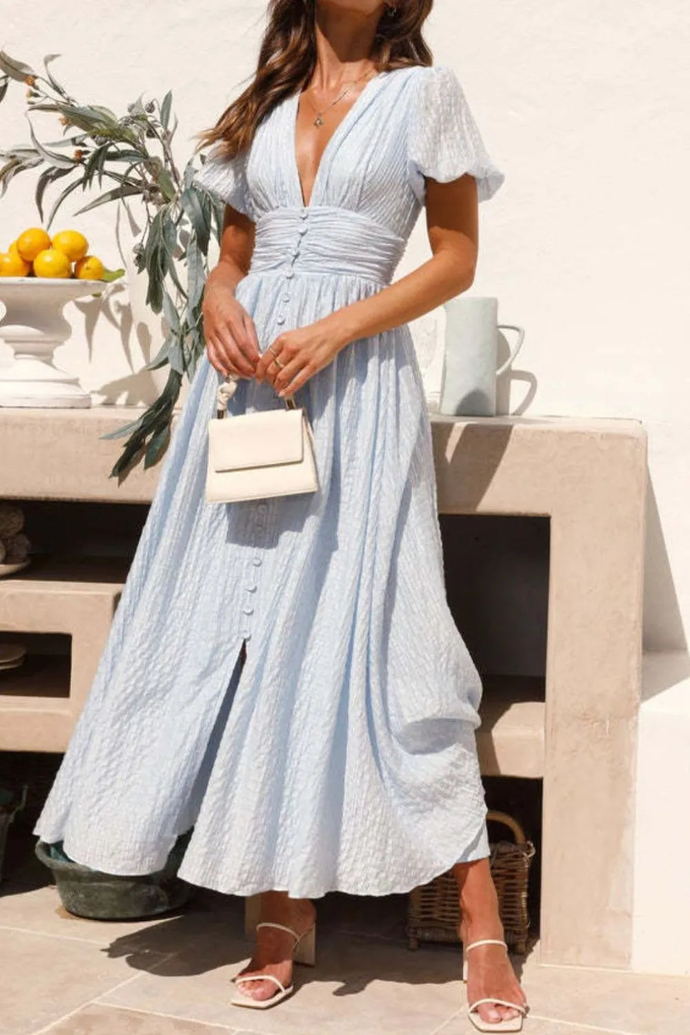 V-Neck Puff Short Sleeve Midi Dress Main image