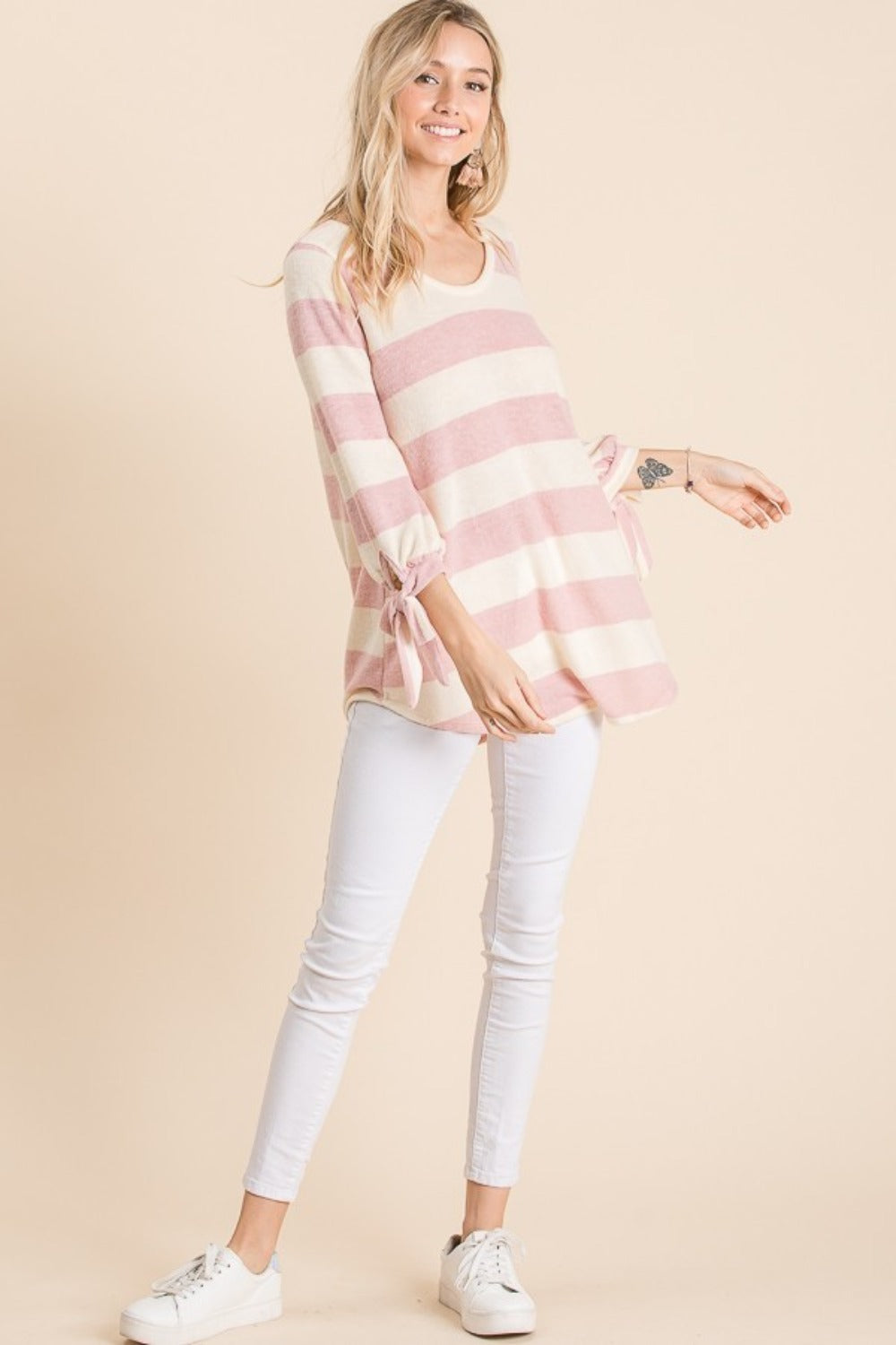 Reborn J Ribbon Cuff Contrast Striped Hacci Top