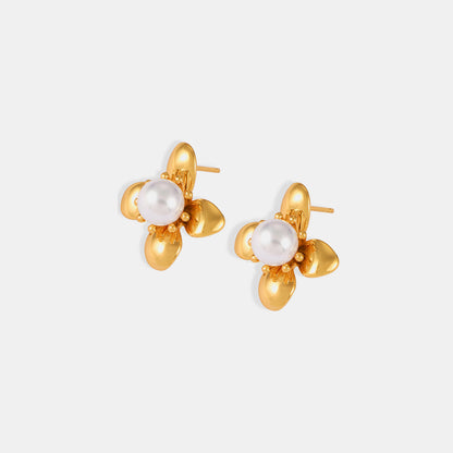 Synthetic Pearl Titanium Steel Flower Earrings