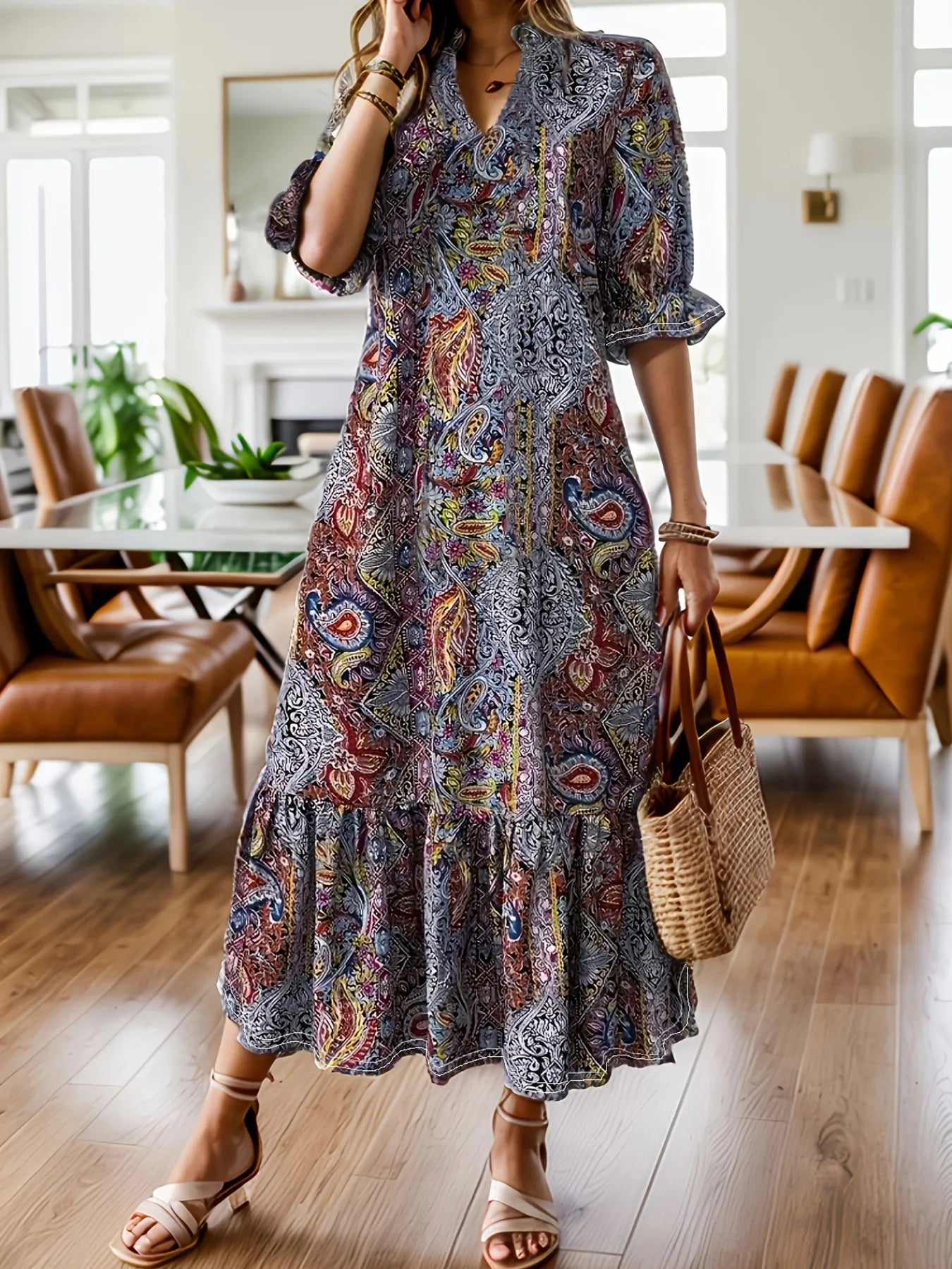 Full Size Bohemian Paisley Print Ruffle Hem Midi Dress Plus Size view 4 - Shopiebay