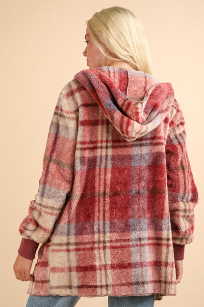 VERY J Fuzzy Plaid Long Sleeve Hooded Jacket