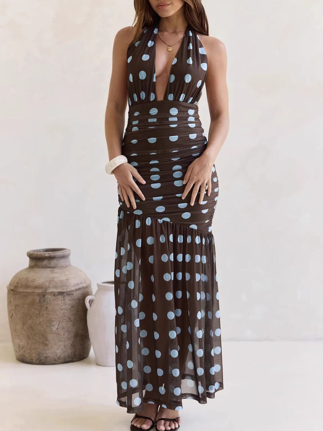 Polka Dot Halter Ruched Maxi Dress - Shopiebay women's boutique
