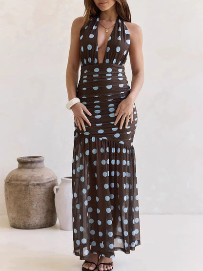 Polka Dot Halter Ruched Maxi Dress - Shopiebay women's boutique