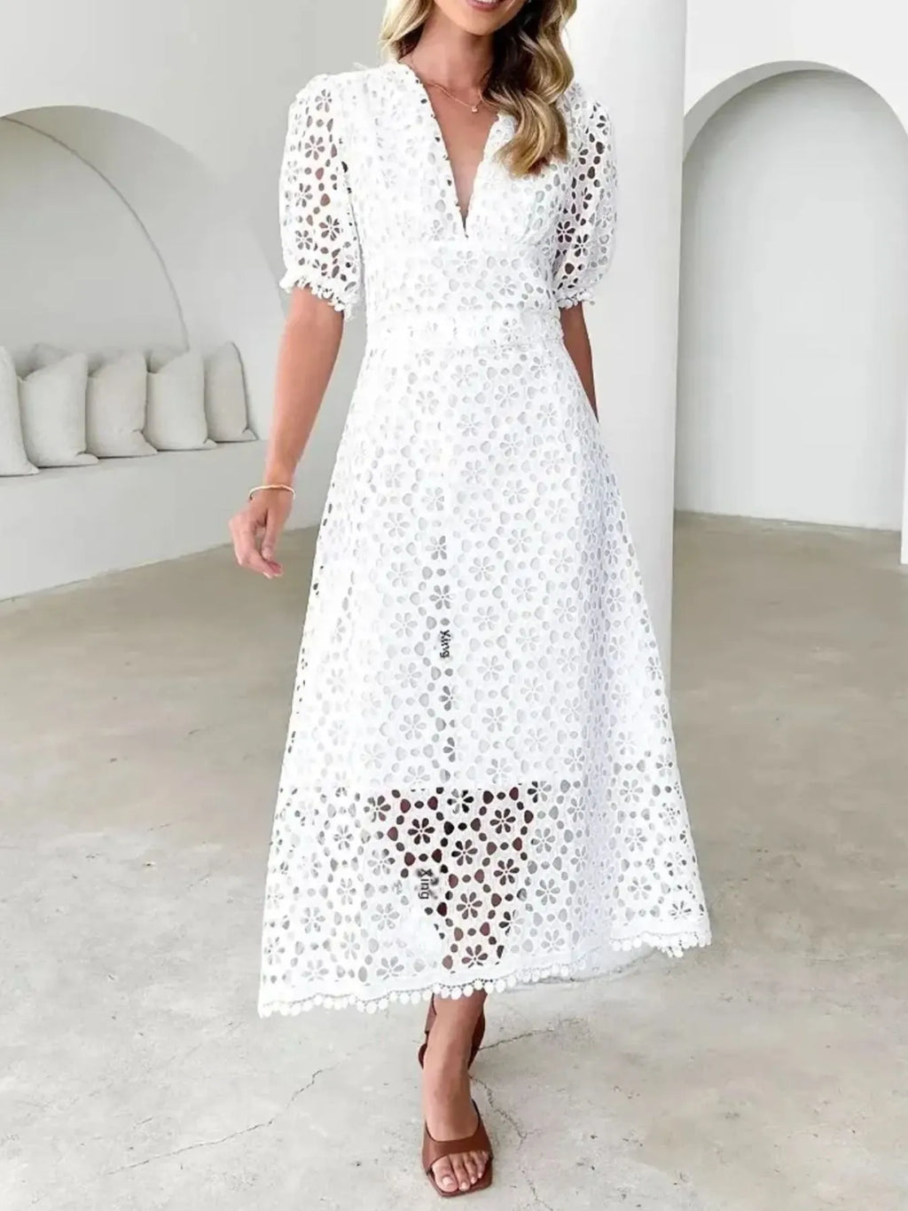 Eyelet Lace V-Neck Midi Dress with Puff Sleeves - product image 4